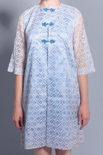 Load image into Gallery viewer, Vintage Light Blue and White Patterned Lace Dress Coat Size Small with Toggle Closure