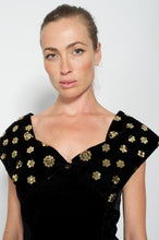 Charger l&#39;image dans la galerie, Vintage Velvet Dress Designer Jessica McClintock Gold sequin Size Medium
