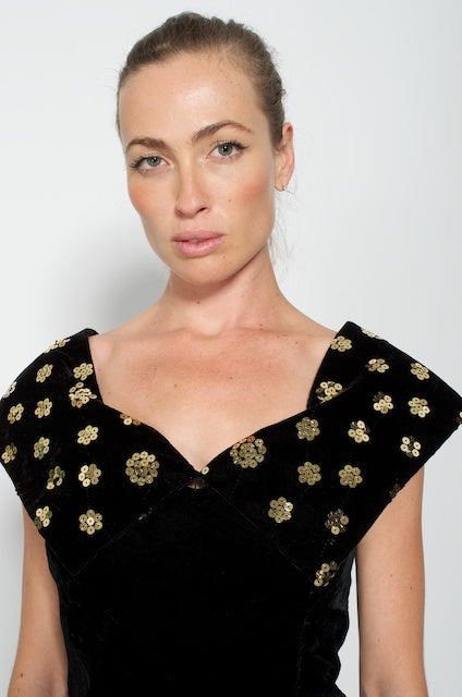 Vintage Velvet Dress Designer Jessica McClintock Gold sequin Size Medium