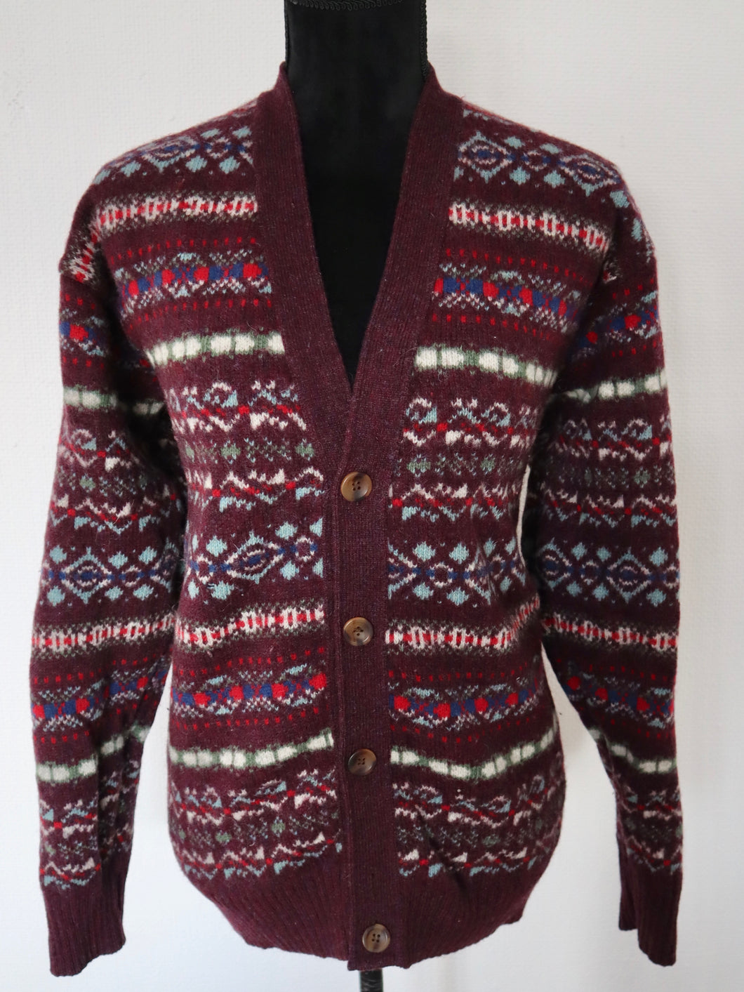 Vintage Wool Fair Isle burgundy Laidlaw & Fairgrieve V Neck Cardigan Jumper | unisex | Modern size EU 48 XLarge