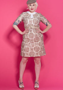 Vintage 1960s Tan White Circle Print dress | Designer 'Stephan Casuals' | Modern size XLarge