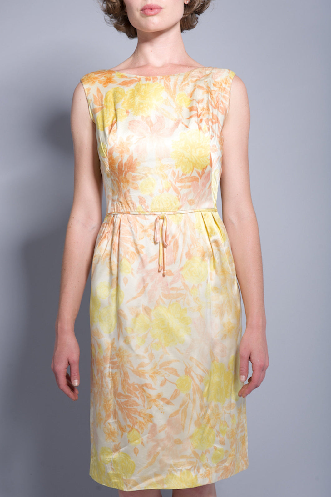 Vintage Yellow Peach Floral pastel Shift Dress Size 38 Small