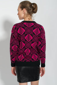 Vintage 1980s Designer Pullover fuchsia black Ski Sweater | 'Mountain Woolens' | Modern size Large