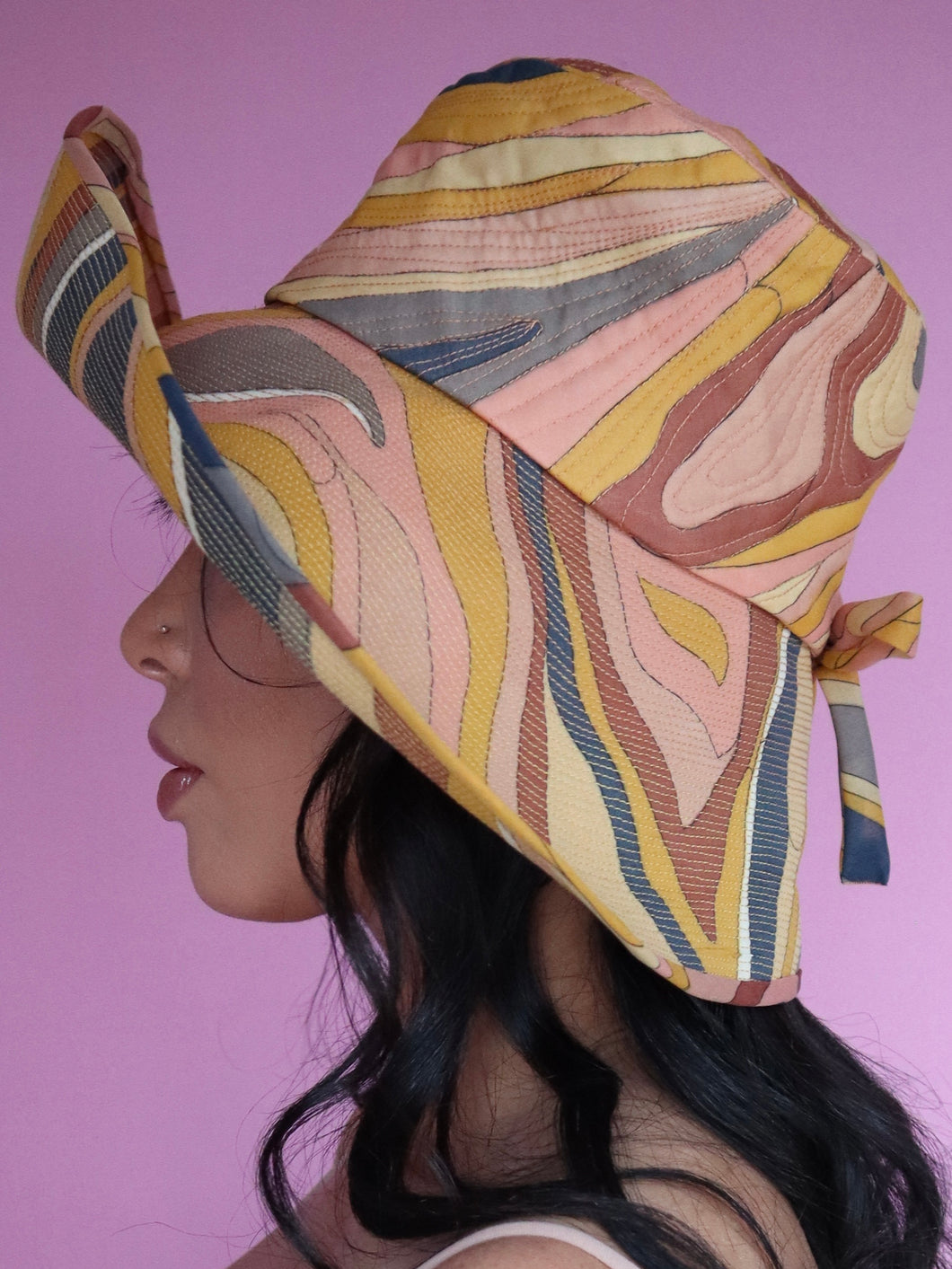 Vintage 1960s 70s Cartwheel Summer Hat | Pucci Like Print | Size 54